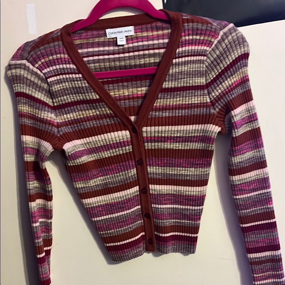 Calvin Klein Striped Cardigan Sweater in Deep Burgundy and Light Pink